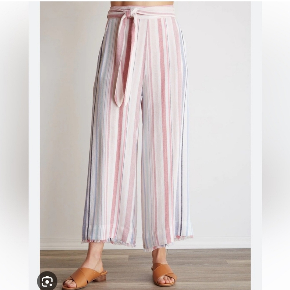 Anthropologie Cloth & Stone Striped Cropped Wide-Leg Linen Blend Pants Large